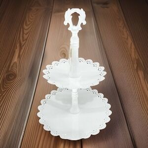 NEW Dessert/Cupcake Stand White Metal  2 Tiers Lace Scallops 9.5x16"